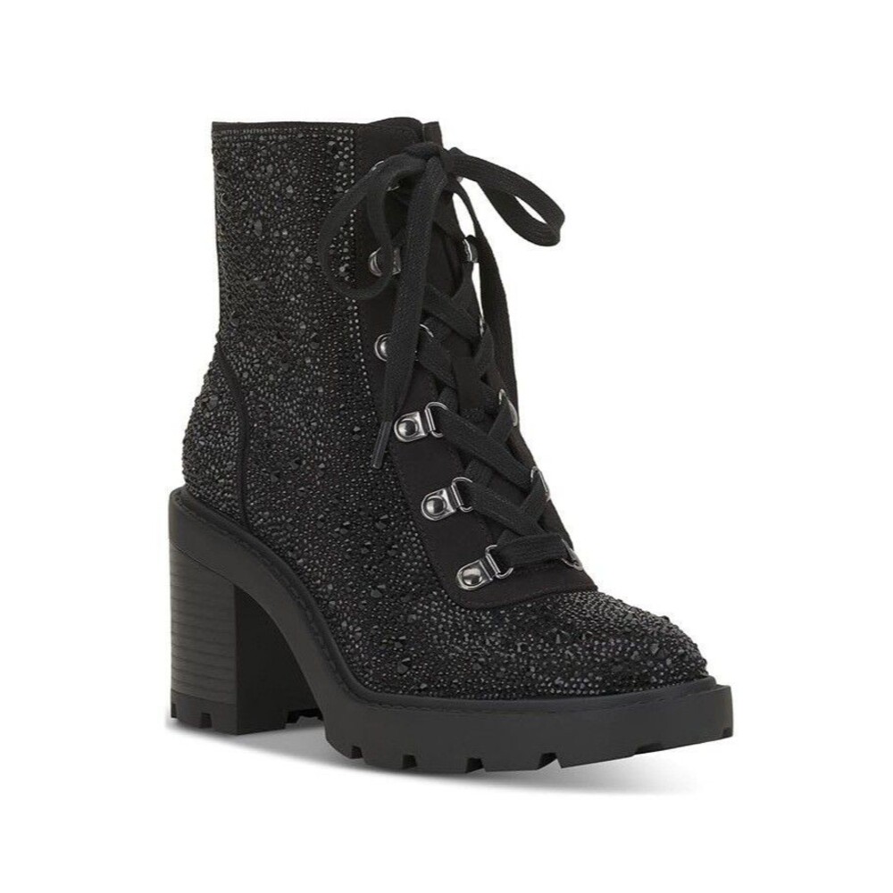 INC Womens 12 M Black Bling Shada Lace Up Block Heel Booties NIB FK4